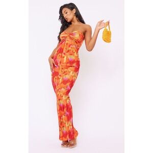 PrettyLittleThing Dress Womens 12 Orange Abstract Pleated Bardot Maxi Party